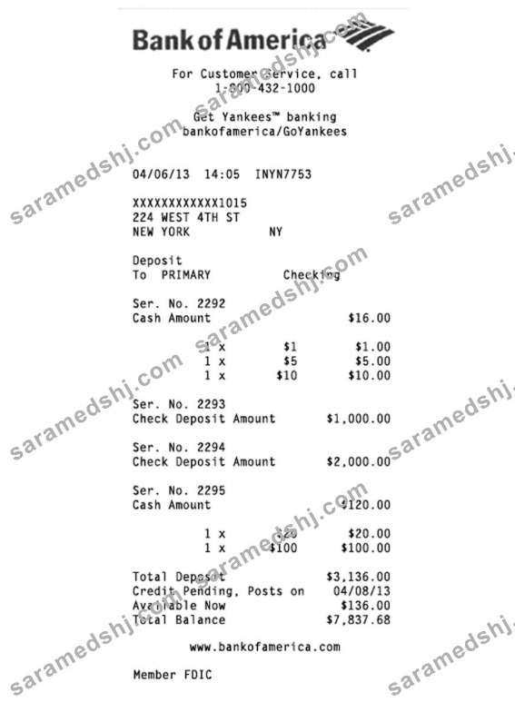 USA Bank of America check